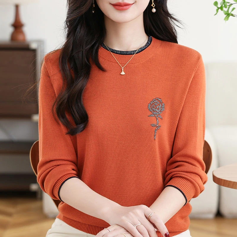 2025妈妈春秋圆领针织毛衣打底衫女中老年宽松春夏纯色T恤上衣薄