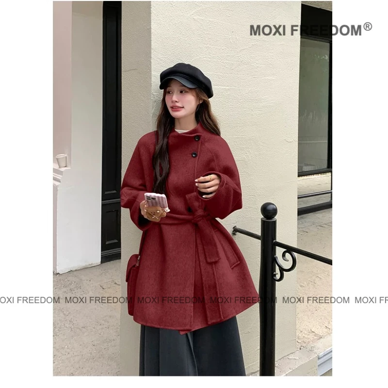 【佩德拉】25年高品质立领减龄包包款中长款双面羊毛呢大衣外套女装