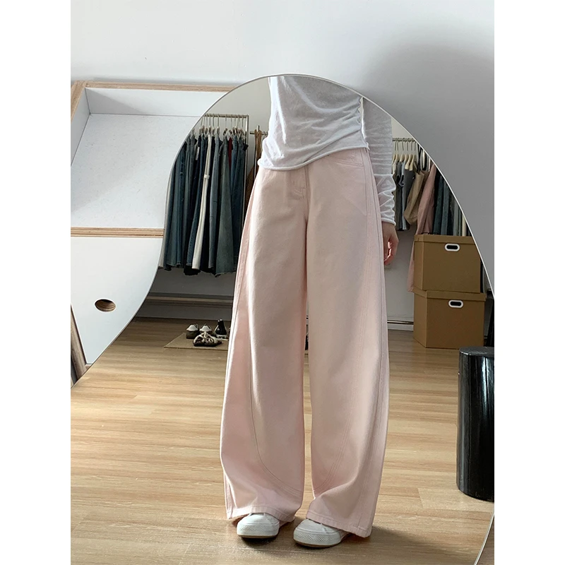 大码美式复古粉色弯刀牛仔裤女夏季新款设计感小众宽松减龄阔腿裤