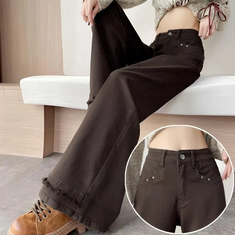 咖啡色微喇牛仔裤女2025年新款弹力修身老钱风毛边拼接阔腿喇叭裤