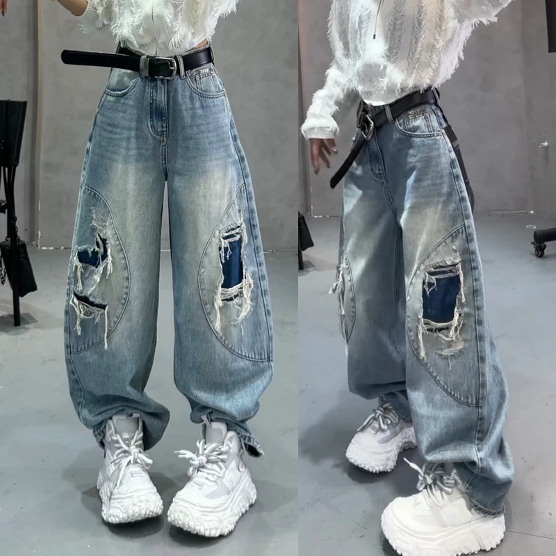 梨形身材宽松阔腿裤女款爆款破洞牛仔裤高腰显瘦拖地裤百搭弯刀裤
