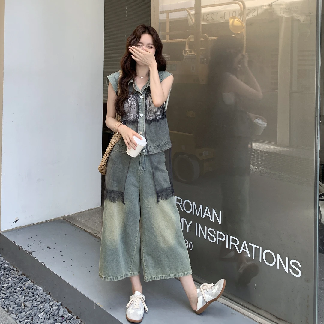 复古港风牛仔套装女夏2025流行爆款网纱拼接马甲九分阔腿裤两件套