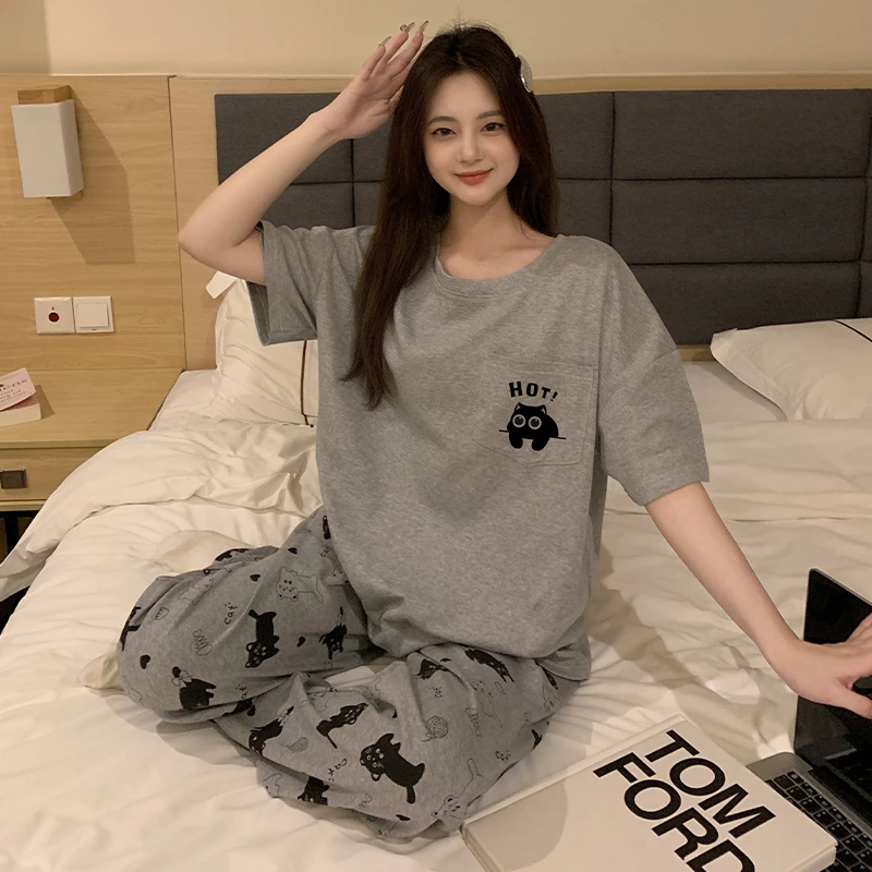 夏季睡衣女纯棉短袖长裤套装休闲宽松家居服套装可外穿2025新款