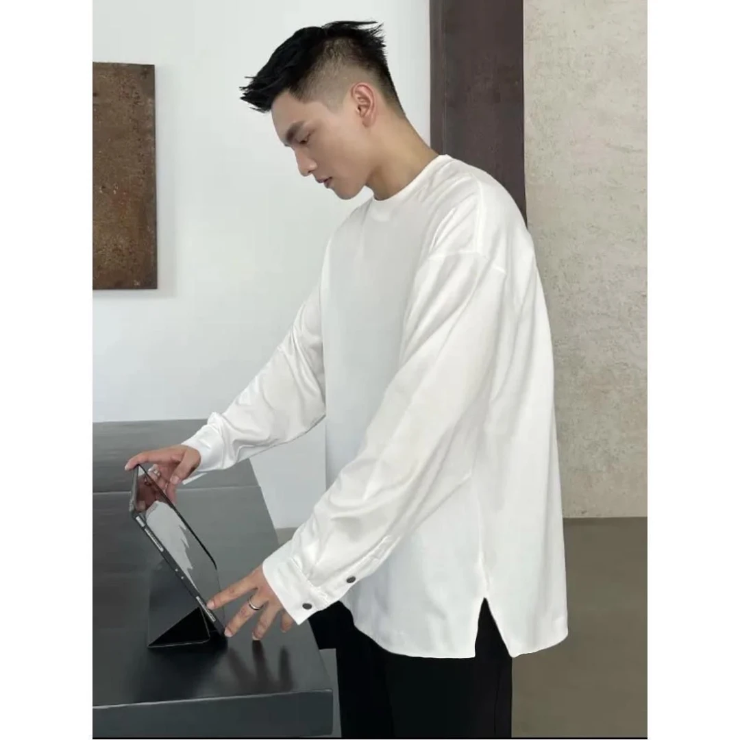 2-300斤超大码商务休闲下摆开叉打底衫春秋男女慵懒风宽松长袖T恤