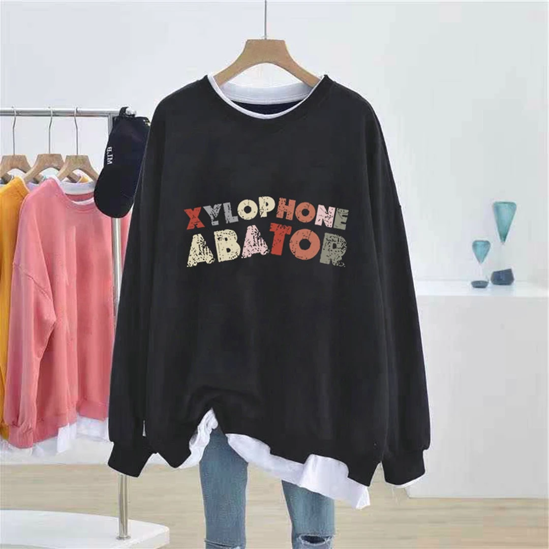 大码oversize胖mm宽松假两件圆领卫衣女显瘦遮肚子休闲外套上衣服