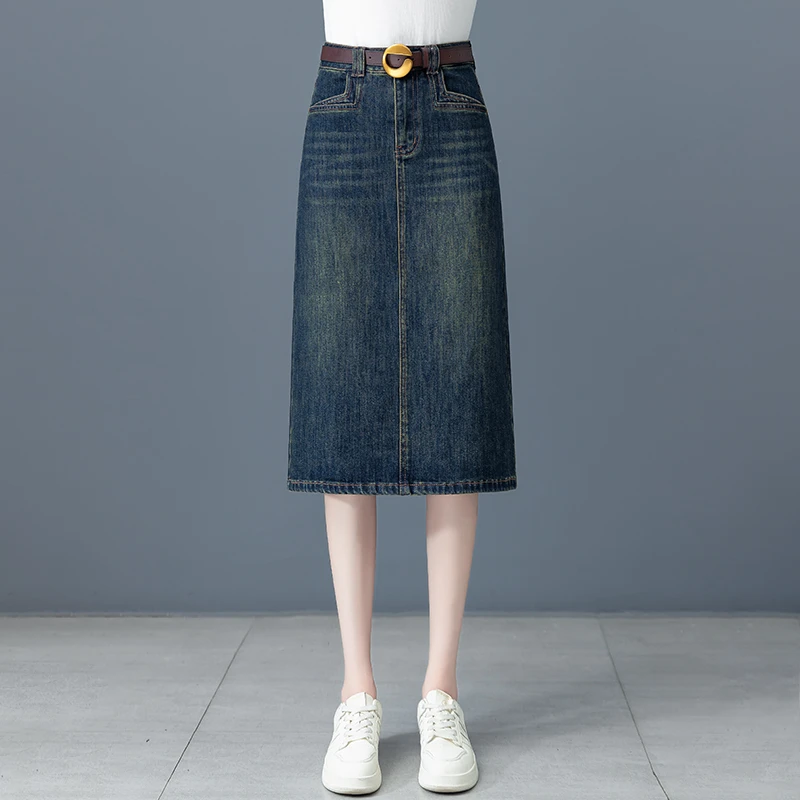 2025秋季新款复古水洗开叉牛仔半身裙女高腰显瘦减龄中长款包臀裙
