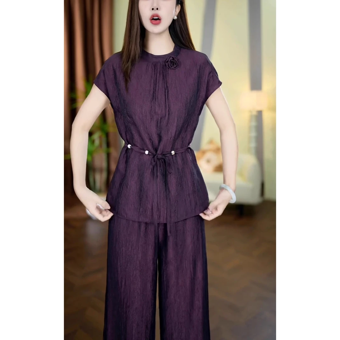 时尚百搭收腰显瘦短袖上衣阔腿裤女复古时尚成熟气质夏季新款套装