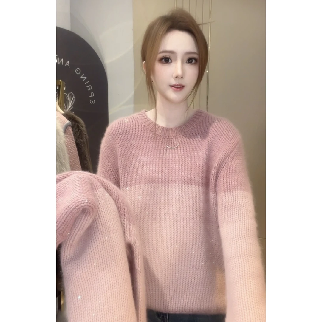 【绮可儿】闪闪渐变撞色圆领套头毛衣冬季洋气女装宽松慵懒风上衣