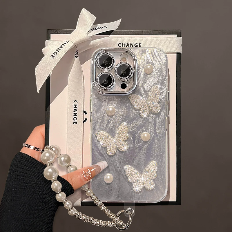珍珠蝴蝶手链适用苹果15华为vivo/oppo小米iPhone精孔羽纱手机壳