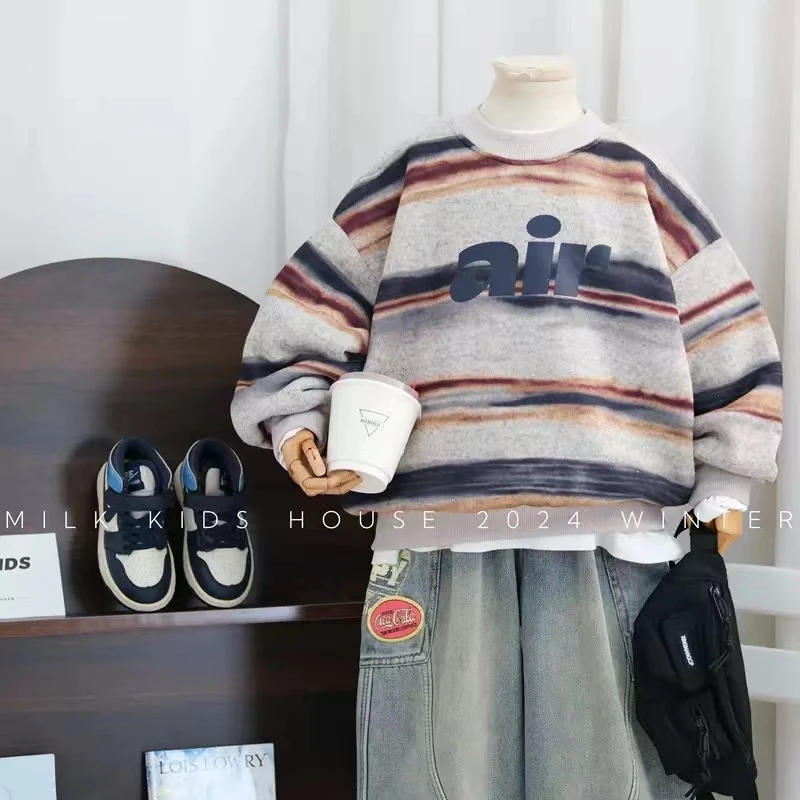 【年款】中大童加绒复古韩系时尚韩版条纹卫衣