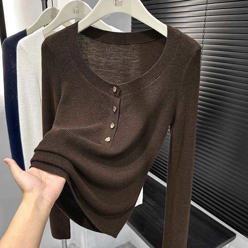 【80-180斤】U领针织上衣女秋冬季极简风露锁骨打底衫修身显瘦小衫