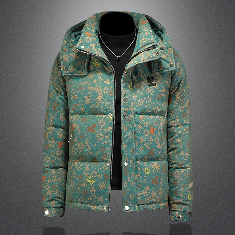 巴赛娜缇印花可脱卸帽羽绒服男休闲秋冬新款男士时尚保暖羽绒外套