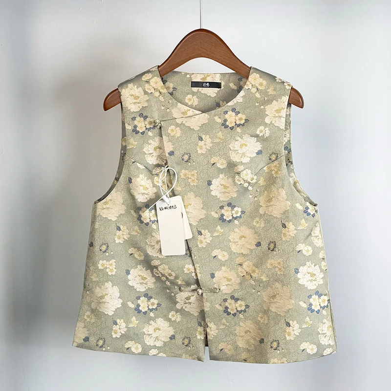 【年终福利27】李海龙 青底蝴蝶茶花 圆领斜襟马甲