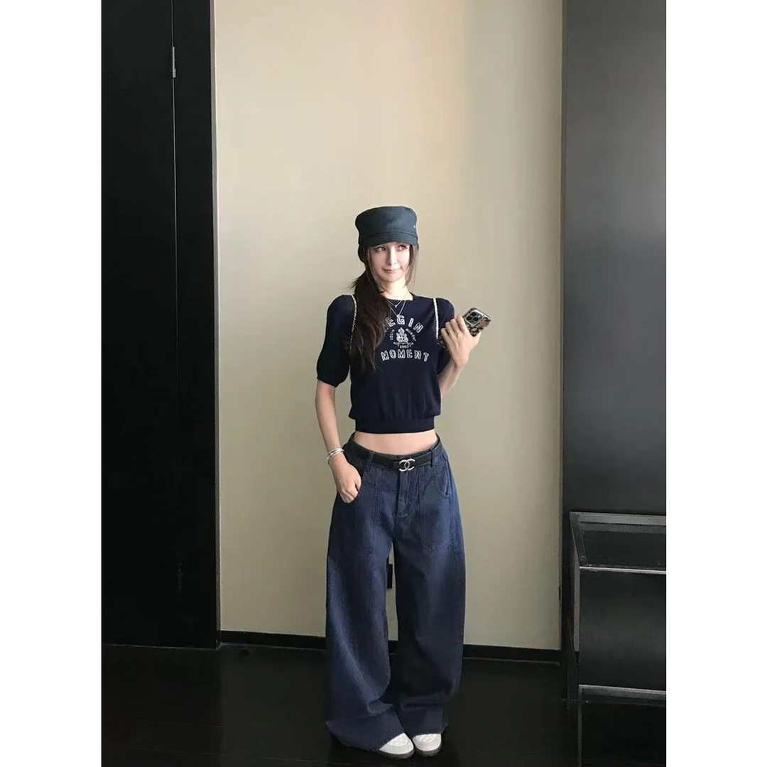 SKK'进店苾入牛牛'竹节肌理阔腿直筒立体分割定染复古蓝牛仔裤女