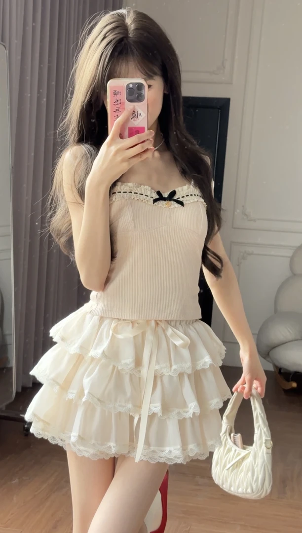 小小仟 【巴黎天鹅湖】70莱赛尔蕾丝绑带蛋糕裙半身短裙吊带上衣