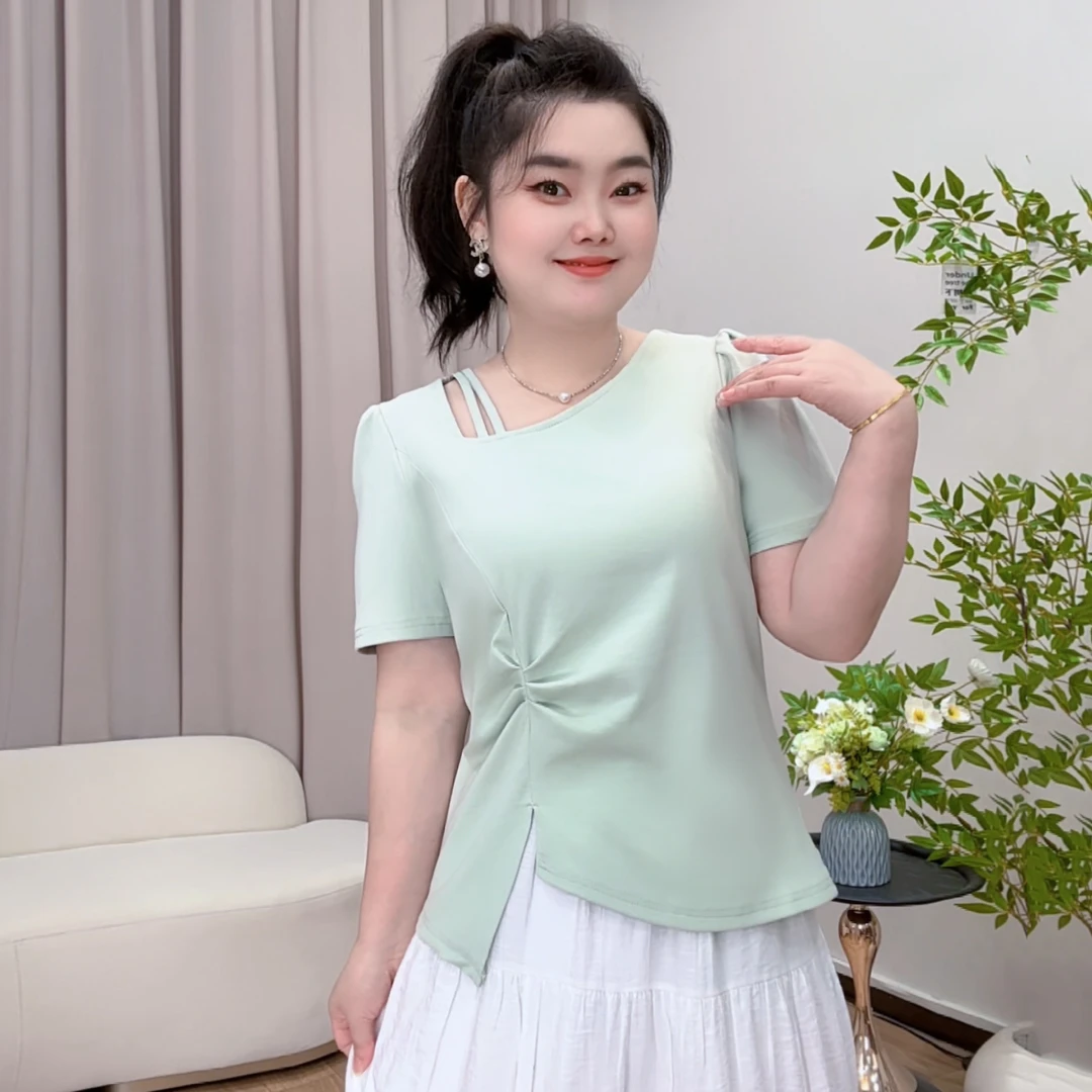 2025夏装新款胖mm大码不规则捏皱正肩短袖T恤设计感镂空斜领上衣