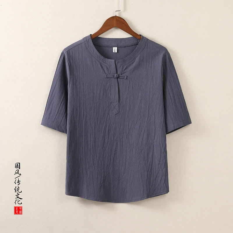 短袖T恤新中式复古男装夏季唐装中国风宽松大码薄款透气棉麻衬衫