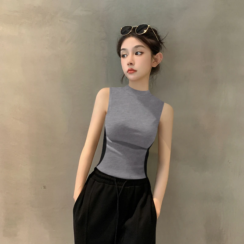 2025春夏新款螺纹拼色半高领背心女修身显瘦撞色内搭打底无袖上衣