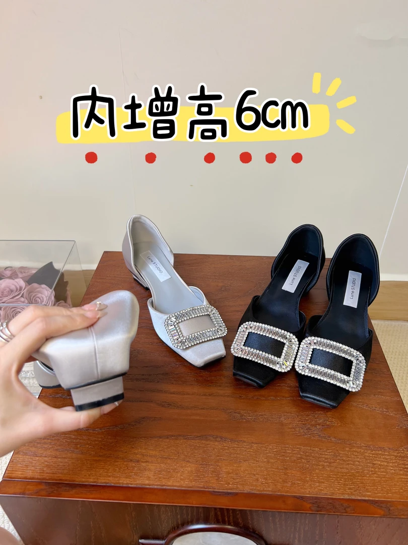 增高6cm水钻扣浅口单鞋女夏季新款法式透气中空绸面凉鞋气质鞋子