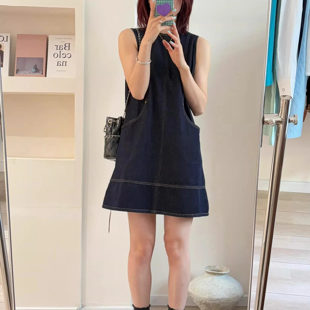 复古小个子休闲圆领牛仔连衣裙女夏季新款宽松百搭显瘦高腰背心裙
