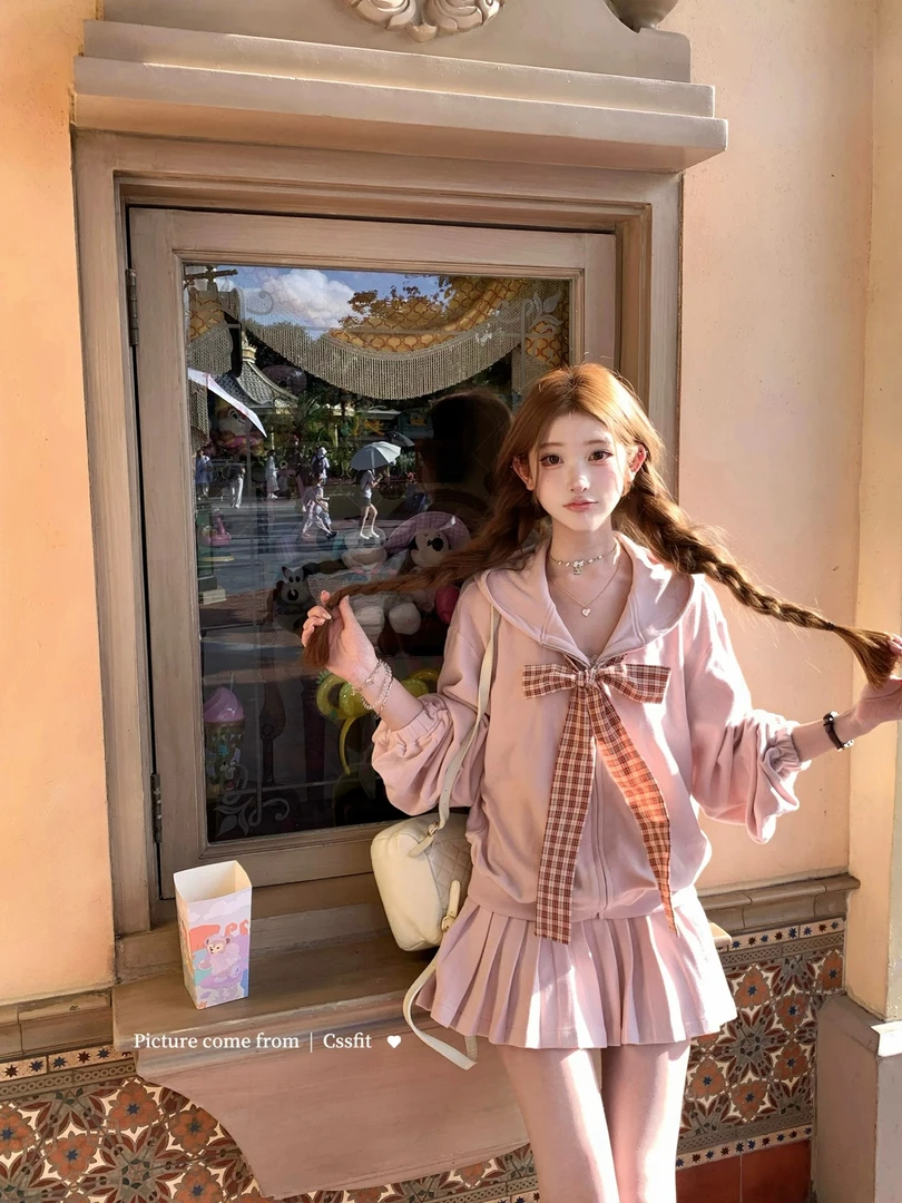格纹系带粉灰卫衣外套百褶裙套装韩系甜美减龄连帽少女套装