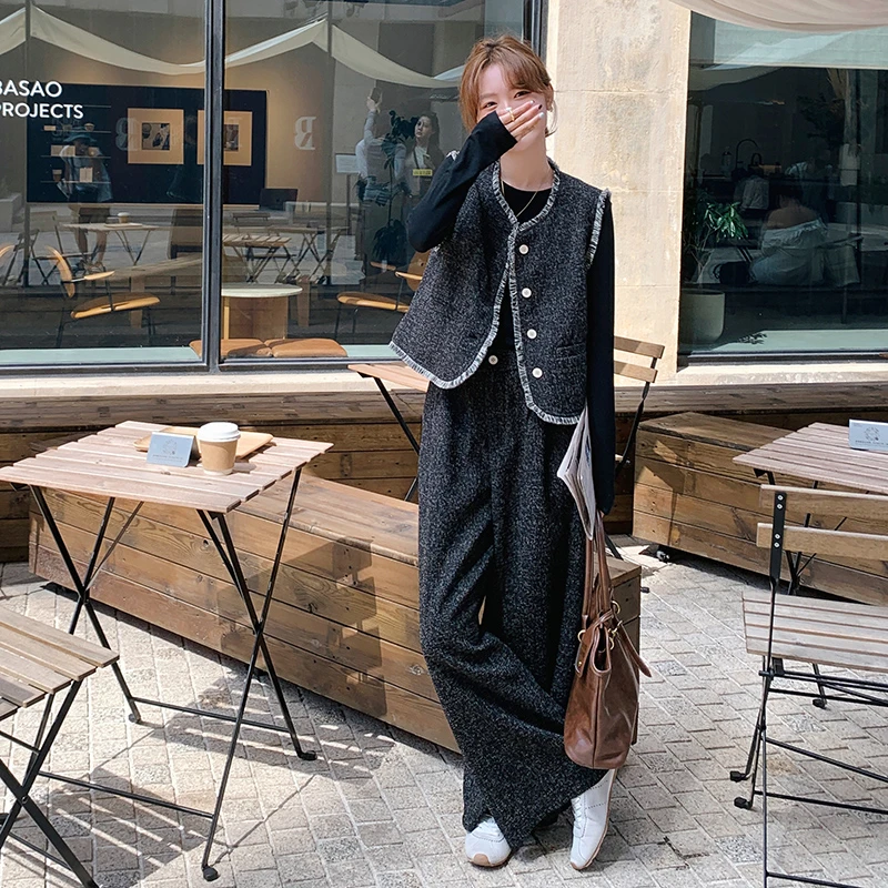 韩版流苏小香风套装女2025春季新款高级感上衣阔腿裤两件套洋气