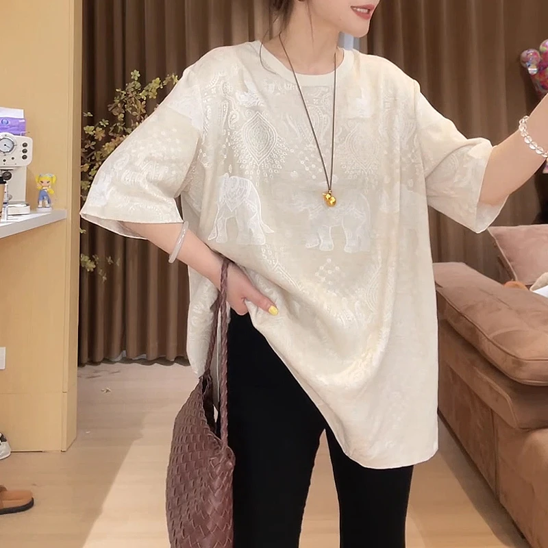 新中式国风提花中长款t恤女2025夏季新款松弛感宽松显瘦短袖上衣