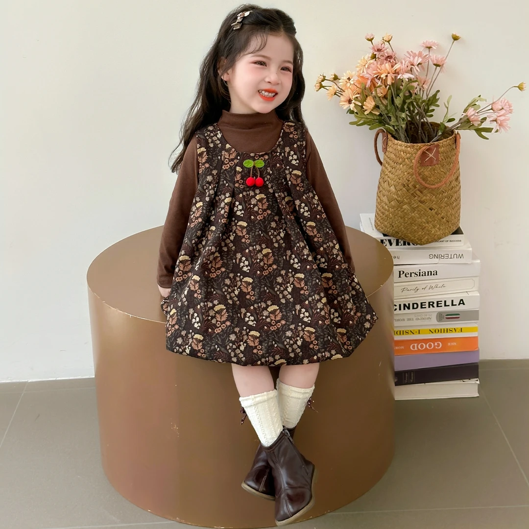 女童春秋森系樱桃裙子打底衫套装新款洋气时尚国风碎花可爱两件套