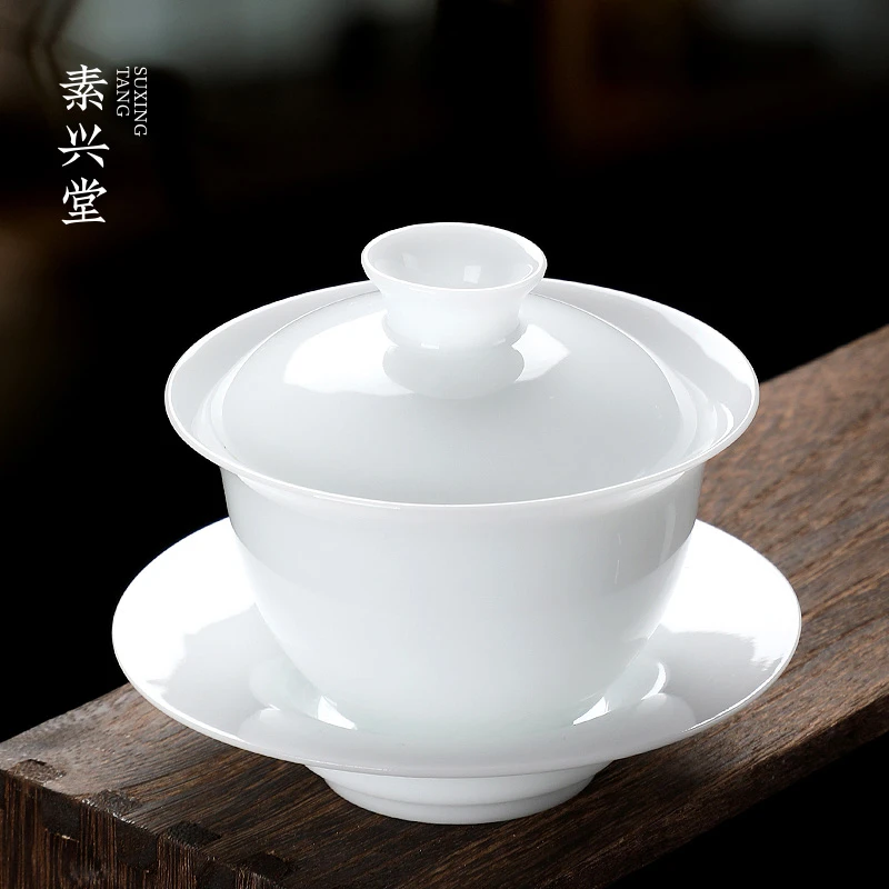 素兴堂冰种羊脂玉瓷盖碗茶杯单个高端薄胎白瓷悬停陶瓷三才泡茶碗