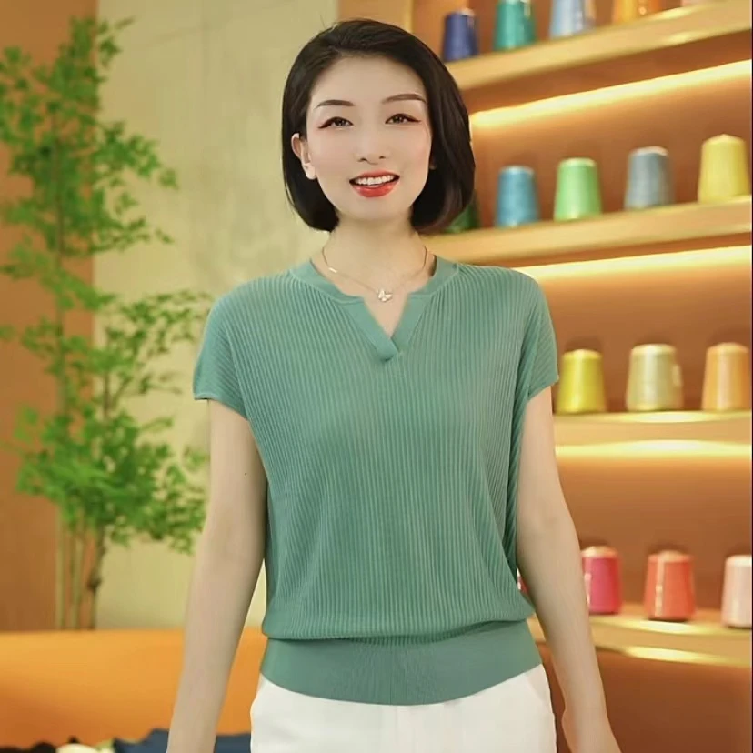 夏季显瘦V龄莱赛尔桑蚕丝薄款休闲简约高级透气短袖T恤气质