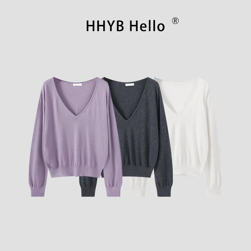 HHYB HelloV领宽松长袖针织衫女2025新款韩系慵懒松弛感上衣M1240