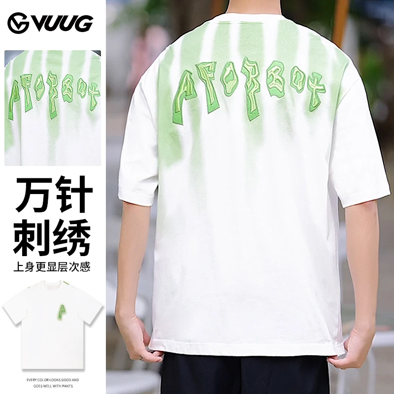 VUUG纯棉短袖薄荷曼波小清新万针刺绣圆领套头百搭时尚短T