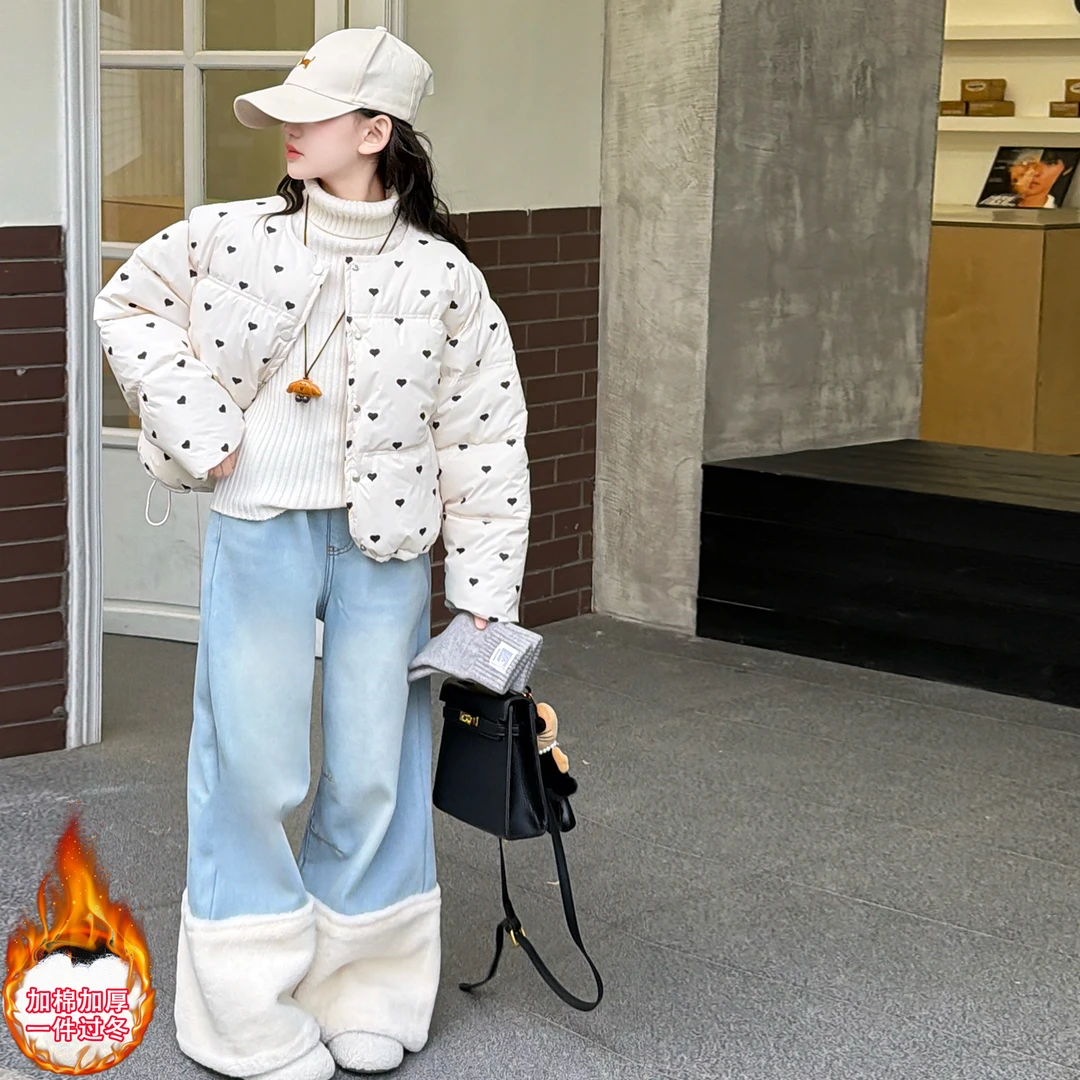 【嘻嘻柚】女童冬装加厚爱心棉衣外套2025新款中大童韩系短款面包服