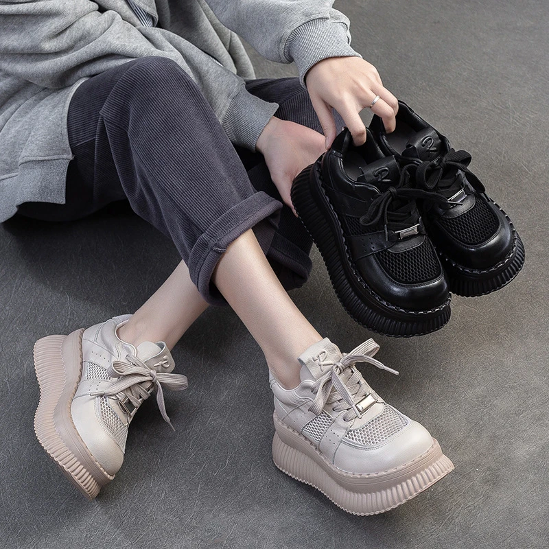 2025春季新款厚底增高透气网面单鞋前系带轻底英伦风时尚休闲女鞋