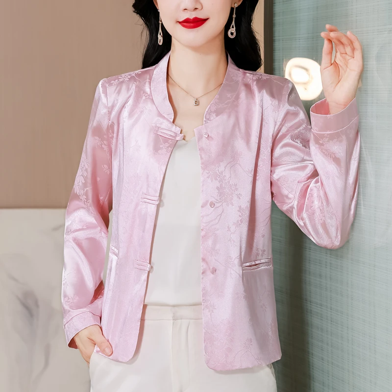 新中式立领提花缎面纯色短外套女早秋复古盘扣宽松百搭上衣女3366