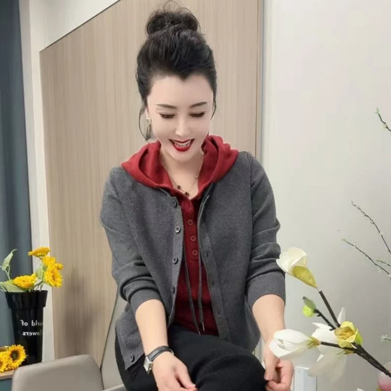 9905假两件连帽针织拼色毛针织衫常规袖针织衫百搭长袖网红时尚