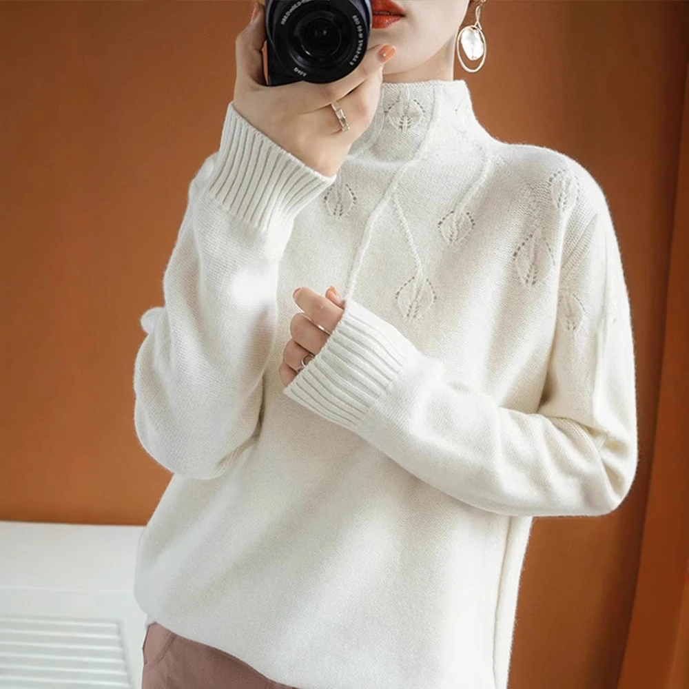 100%羊毛春秋新款半高领韩版休闲羊毛衫女士时尚百搭长袖单穿毛衣