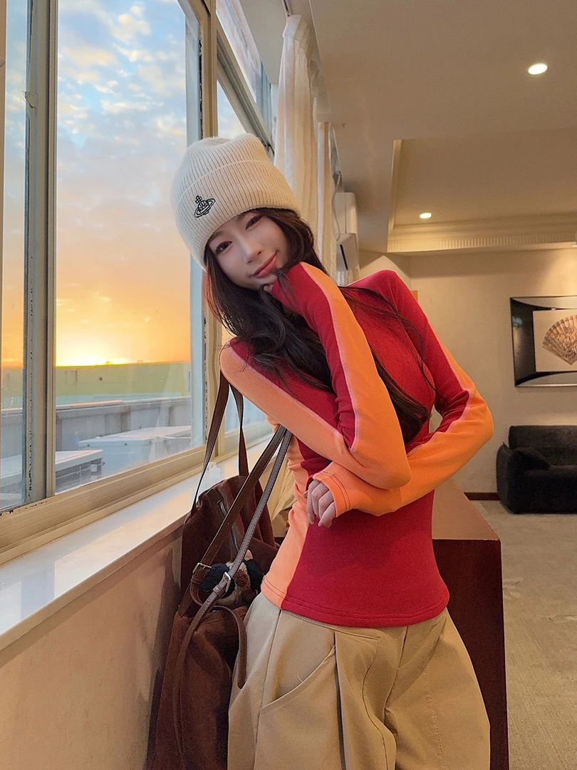 2025韩系撞色双面拼接打底衫t恤女秋冬显瘦设计感内搭上衣8057