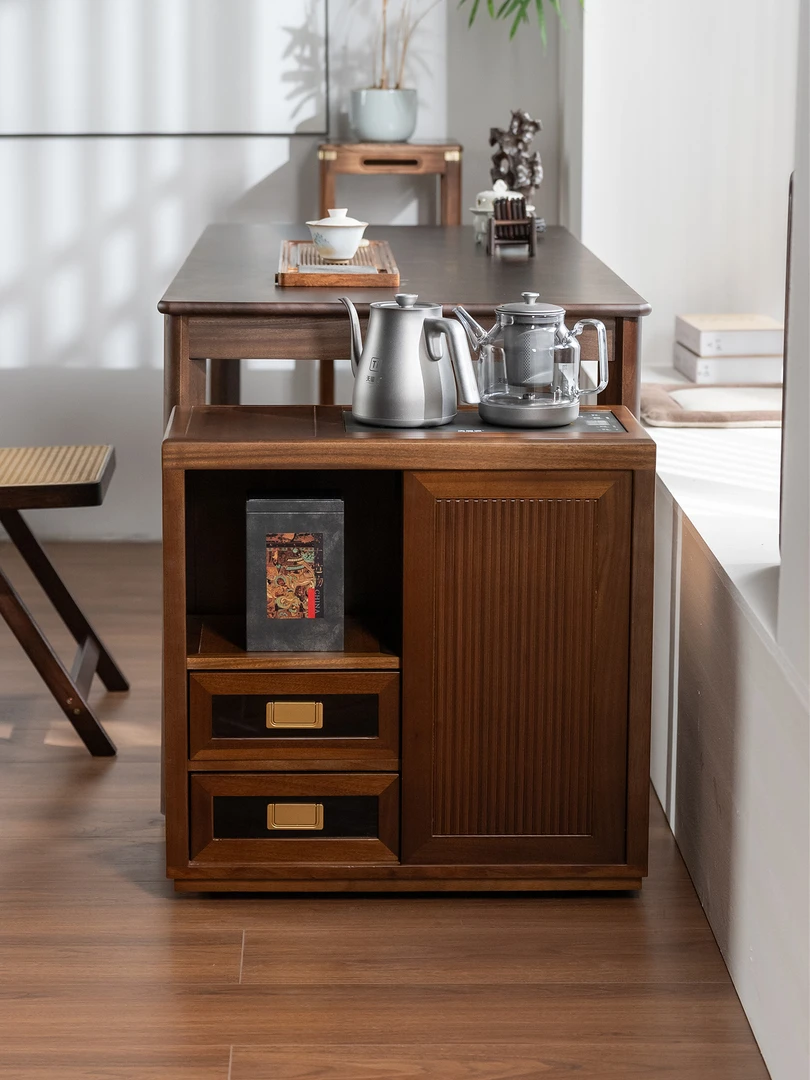 【名慕林】双抽核桃木茶水柜客厅家用烧水柜泡茶台储物移动式茶边柜