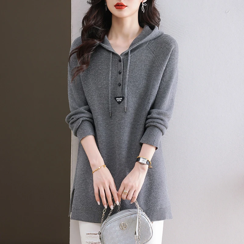 中长款遮屁股上衣女休闲连帽卫衣女秋冬2025新款洋气妈妈针织毛衣