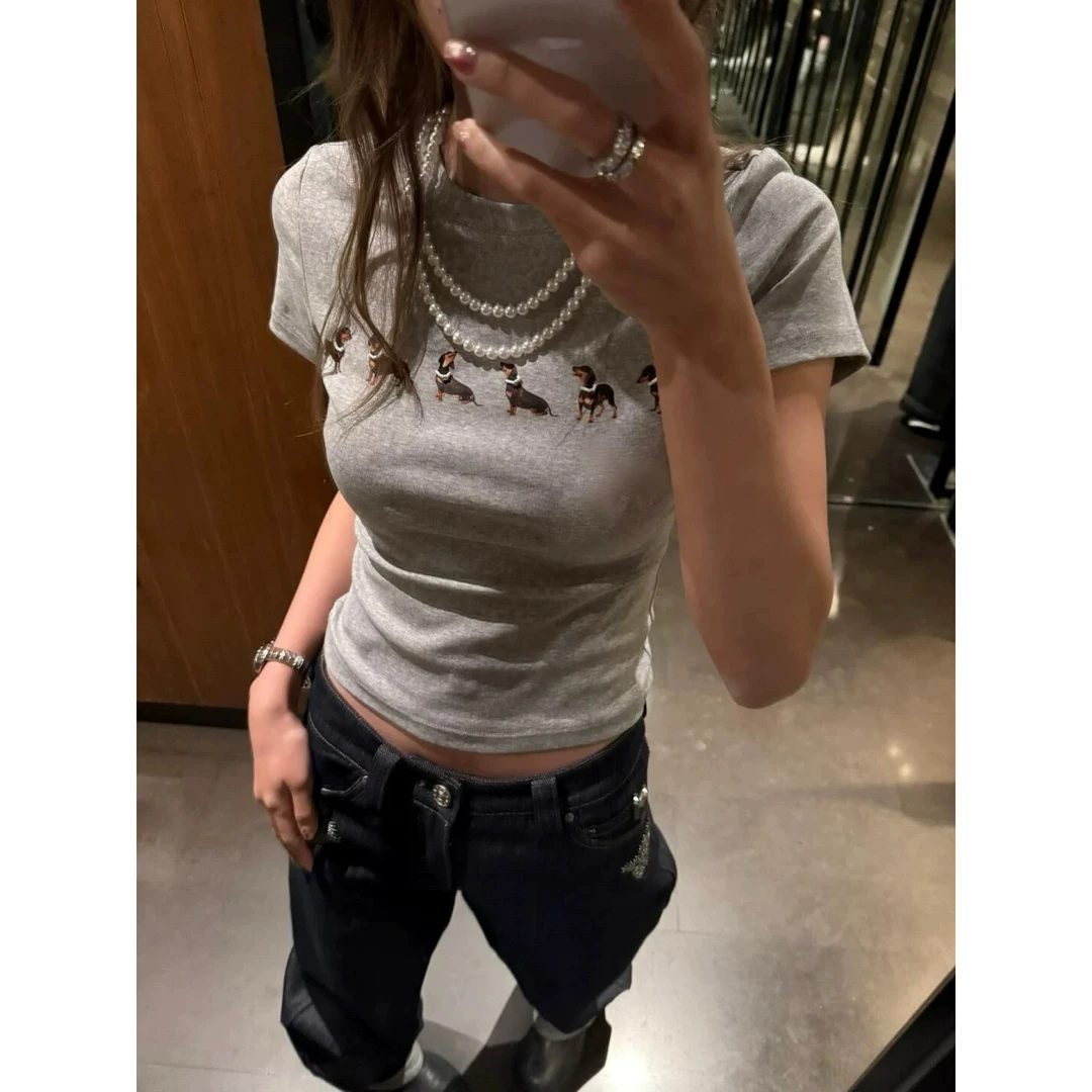 【Jennie同款】腊肠狗印花圆领短袖t恤女夏季修身显瘦百搭短款上衣
