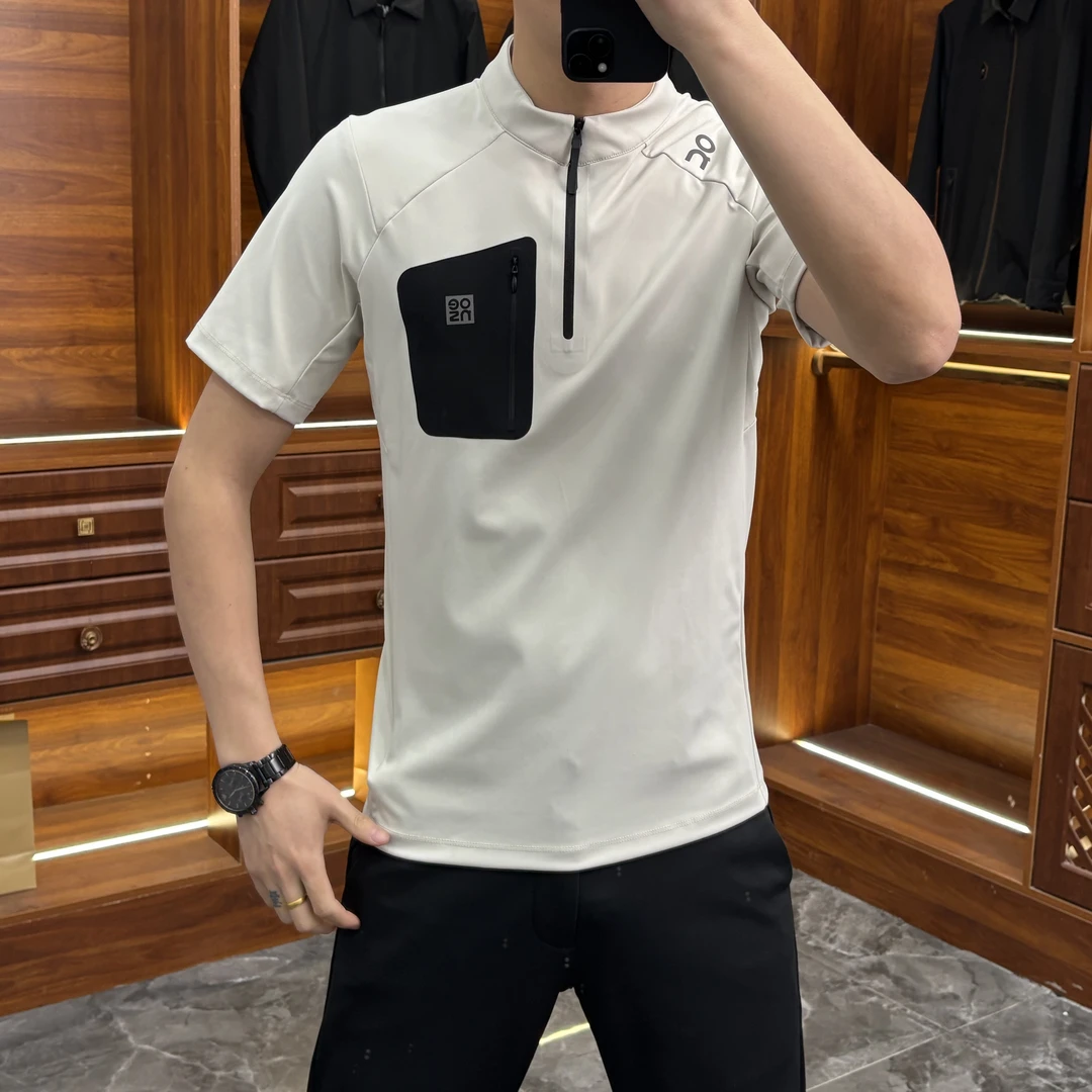 35019夏季新款2025户外男士休闲商务款拉链修身插肩百搭纯色T恤