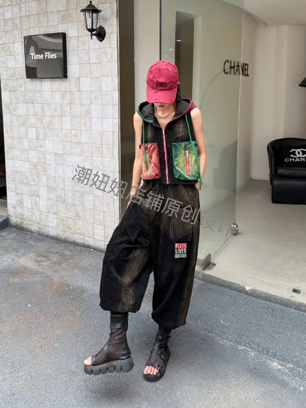 时尚撞色连帽马甲宽松拼接贴布休闲春秋百搭松紧腰显瘦条绒哈伦裤