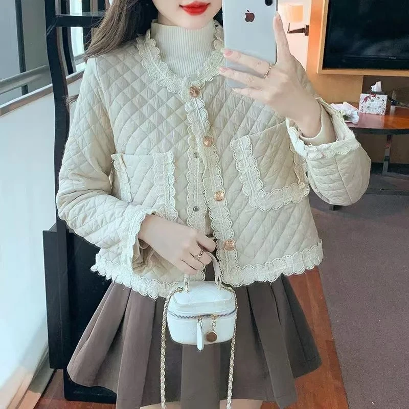 0865 M2 XL2流行蕾丝花边菱格棉衣外套秋冬新款保暖小香风