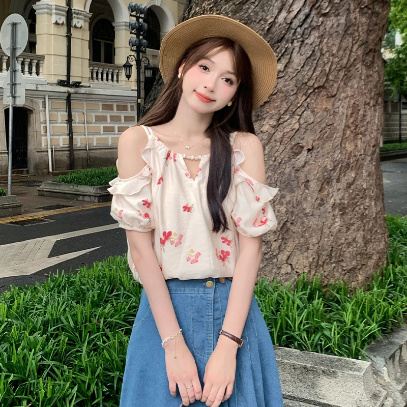 法式甜美碎花宽松挂脖挖肩衬衫女2024夏季新款设计感小众上衣