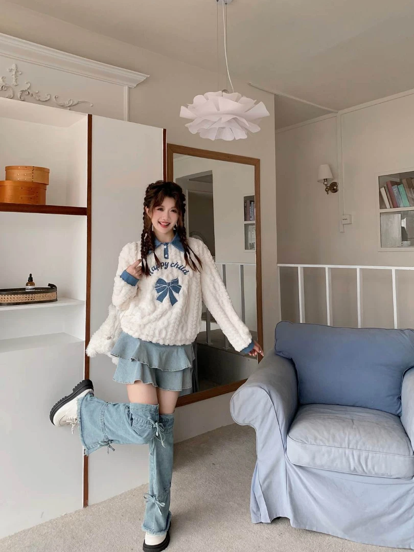 奶酷少女 织物猪原创 软fufu印花减龄假两件卫衣水洗牛仔裙