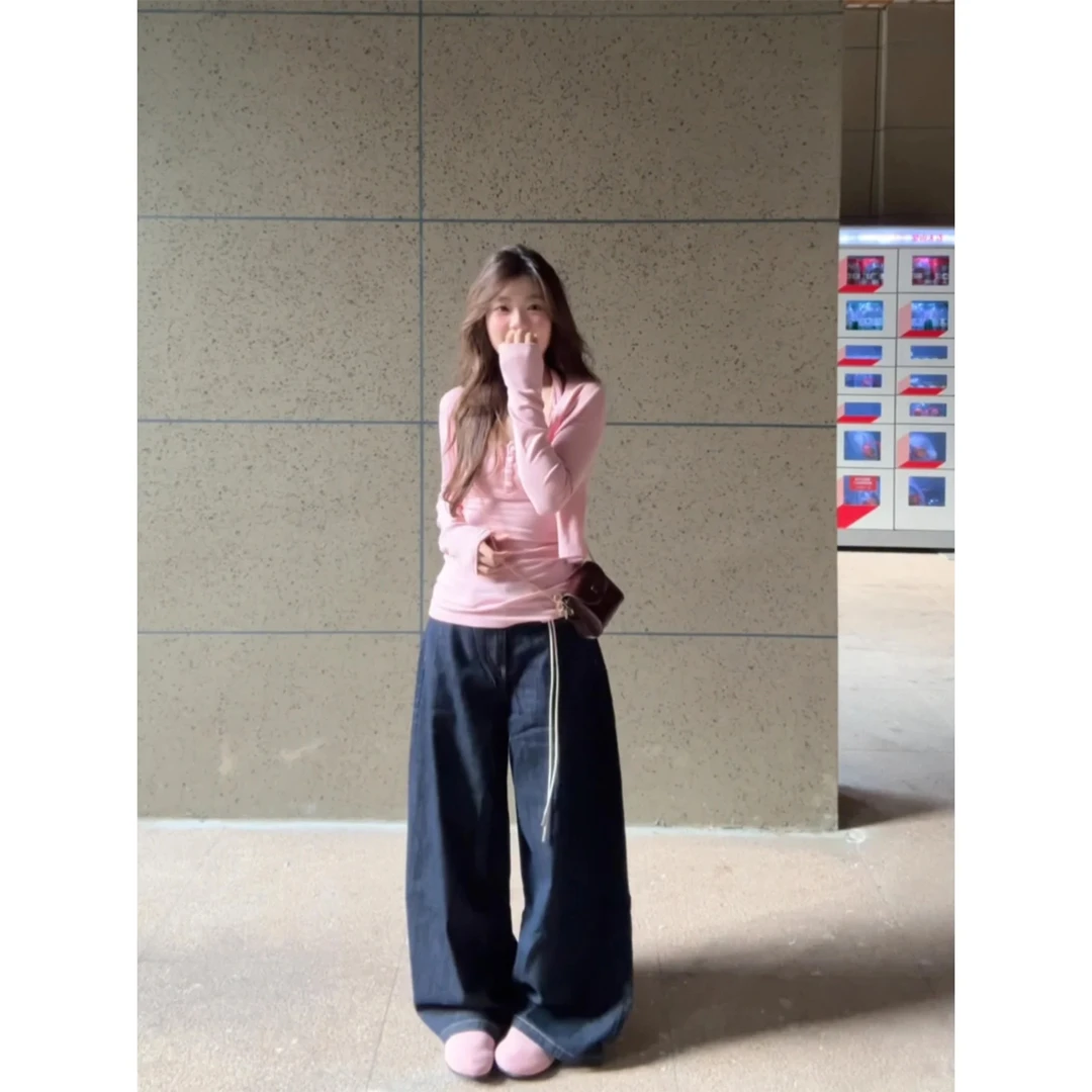 韩系纯欲挂脖吊带背心秋粉色长袖开衫两件套直筒宽松休闲阔腿裤女