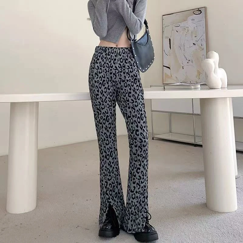 【静姐宠粉】品牌撤柜女款高腰显瘦开叉豹纹喇叭裤垂坠感FE091