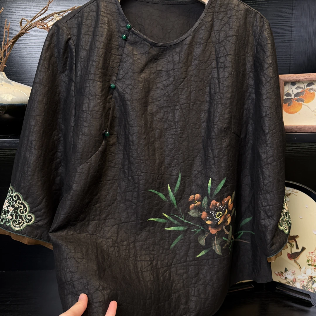 【幽花绣】中式改良复古气质重工龟裂刺绣小衫2278