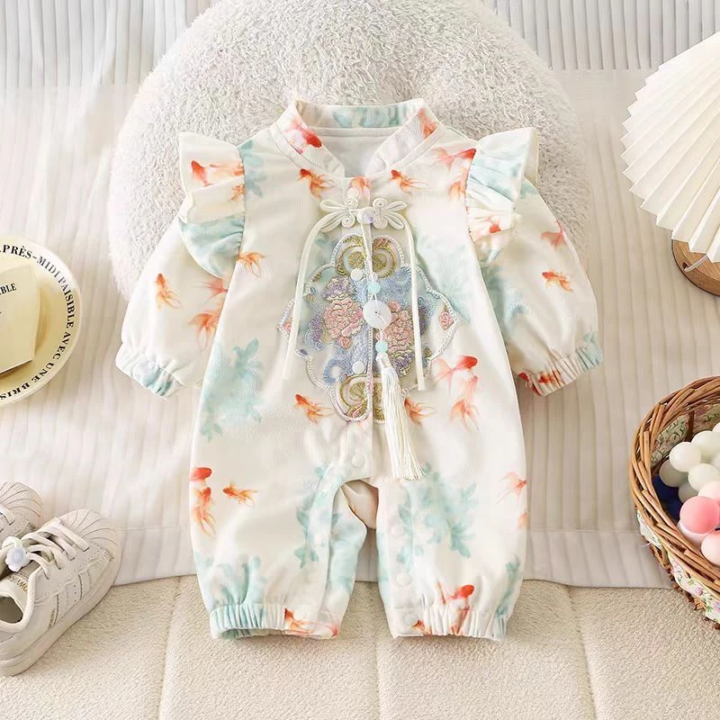 婴儿连体衣满月宝宝衣服中国百天周岁春秋国风中式双层哈衣礼服